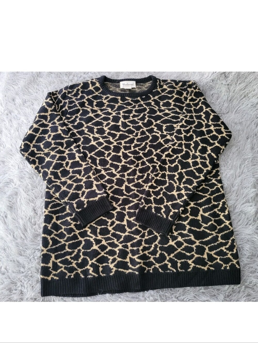 Vintage 90s Westbound Knit Sweater Giraffe Animal Print Crew Neck Black Tan L